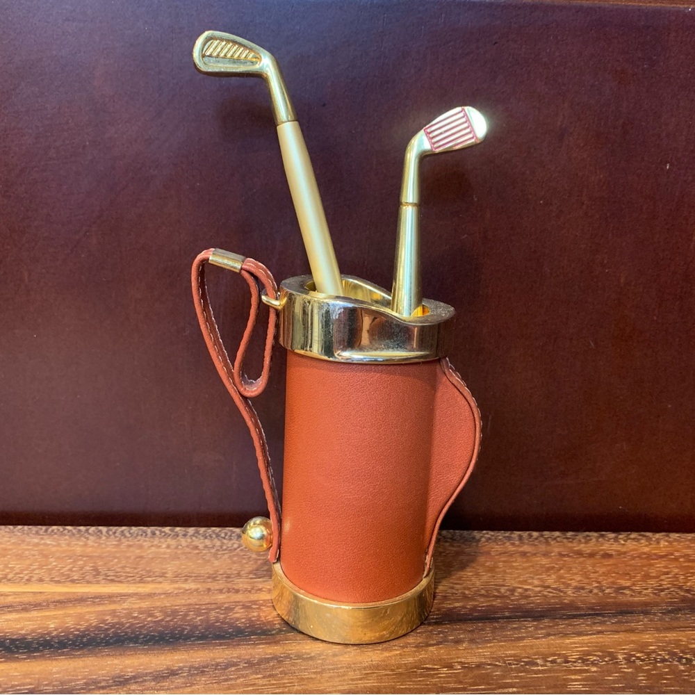 Vintage Leather & Gold Toned Golf Club Pen Set In Bag